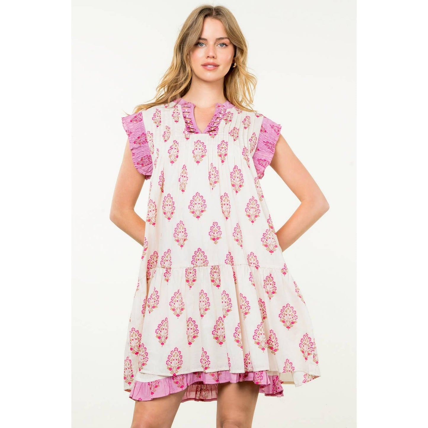 Sleeveless Pintuck Floral Print Dress