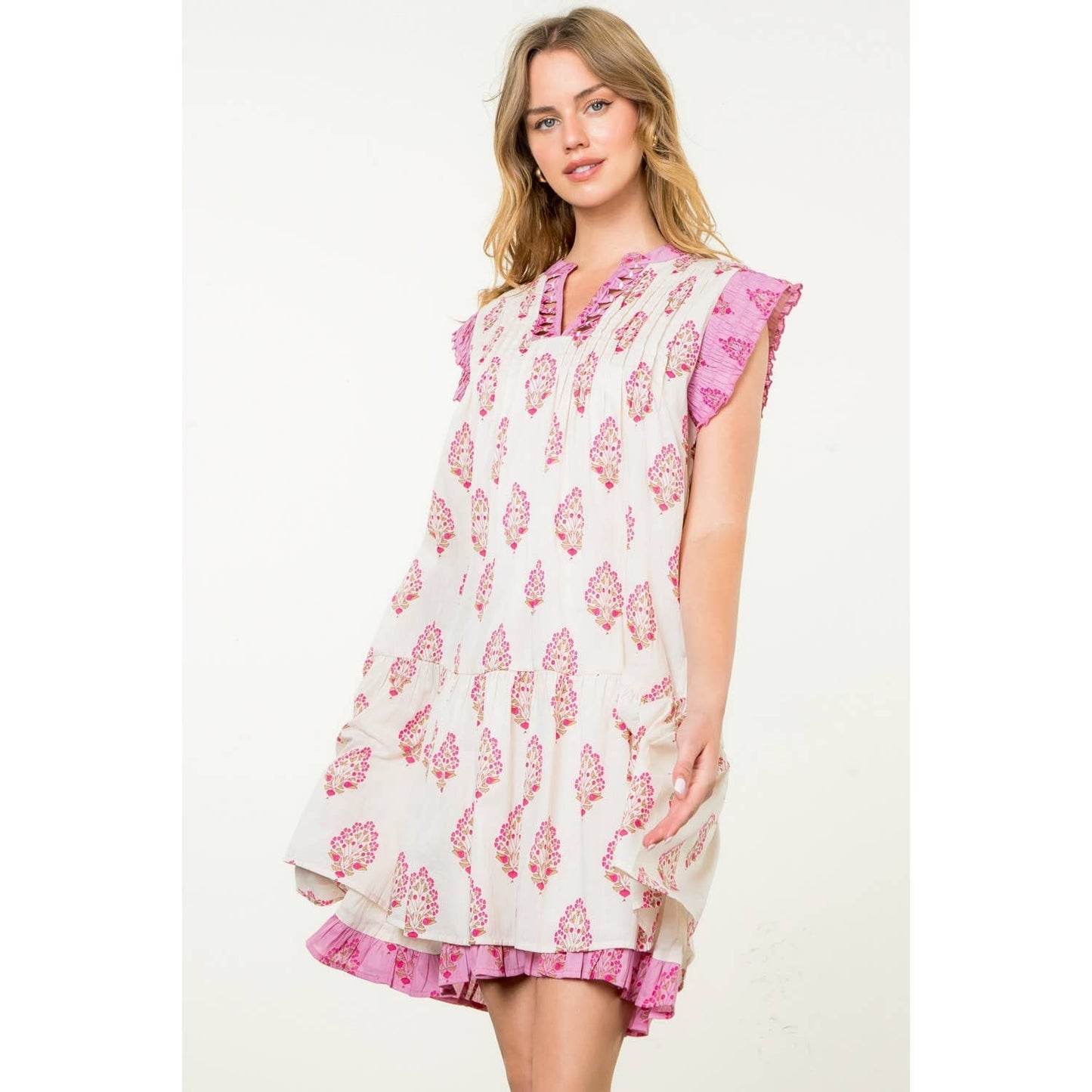 Sleeveless Pintuck Floral Print Dress