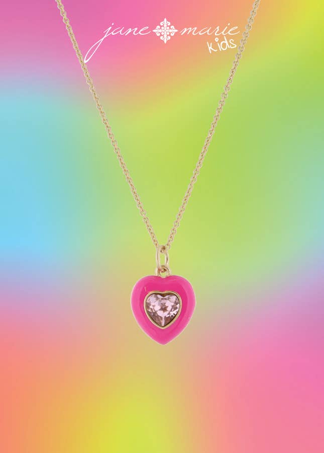Kids Hot Pink Crystal Heart Necklace