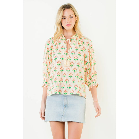 THML Long Sleeve Floral Pattern Tassel Top