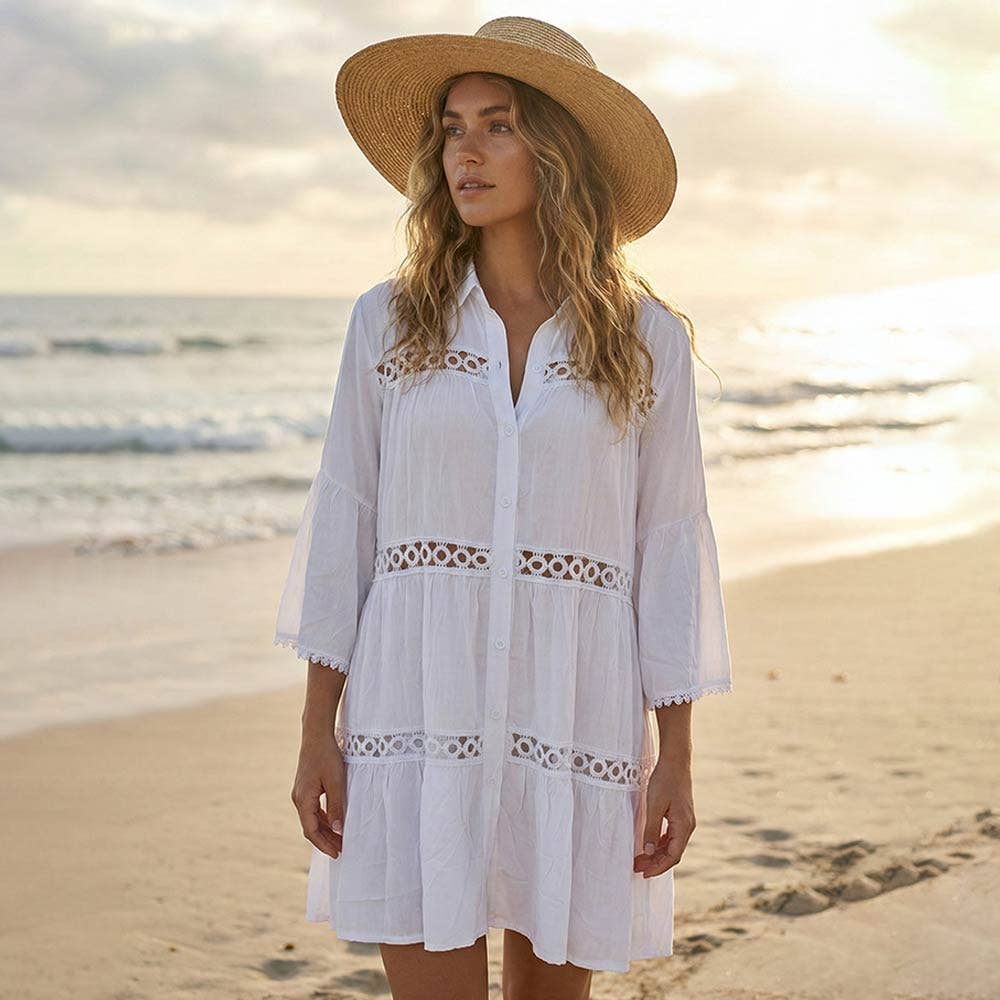 Button Front Lace Trim Beach Shirt Dress
