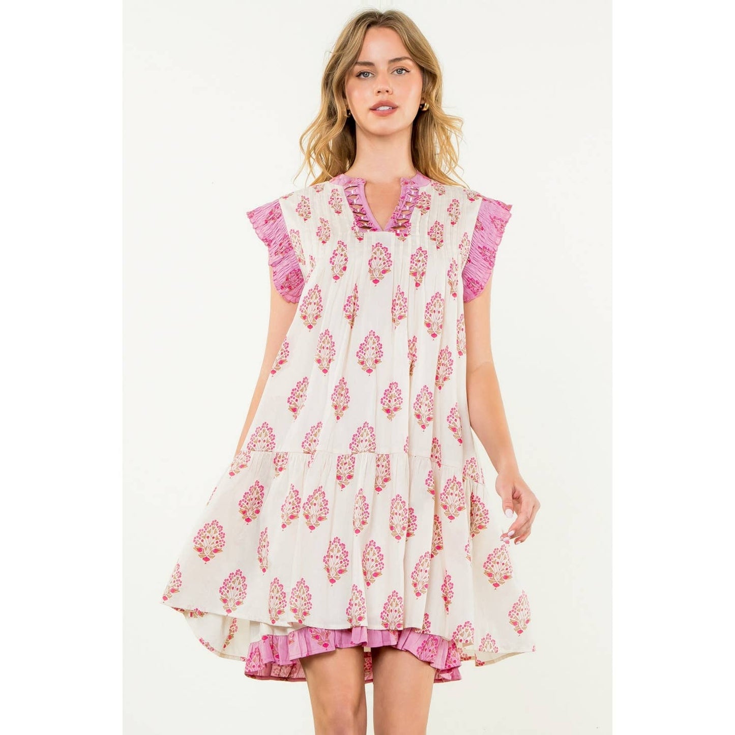 Sleeveless Pintuck Floral Print Dress