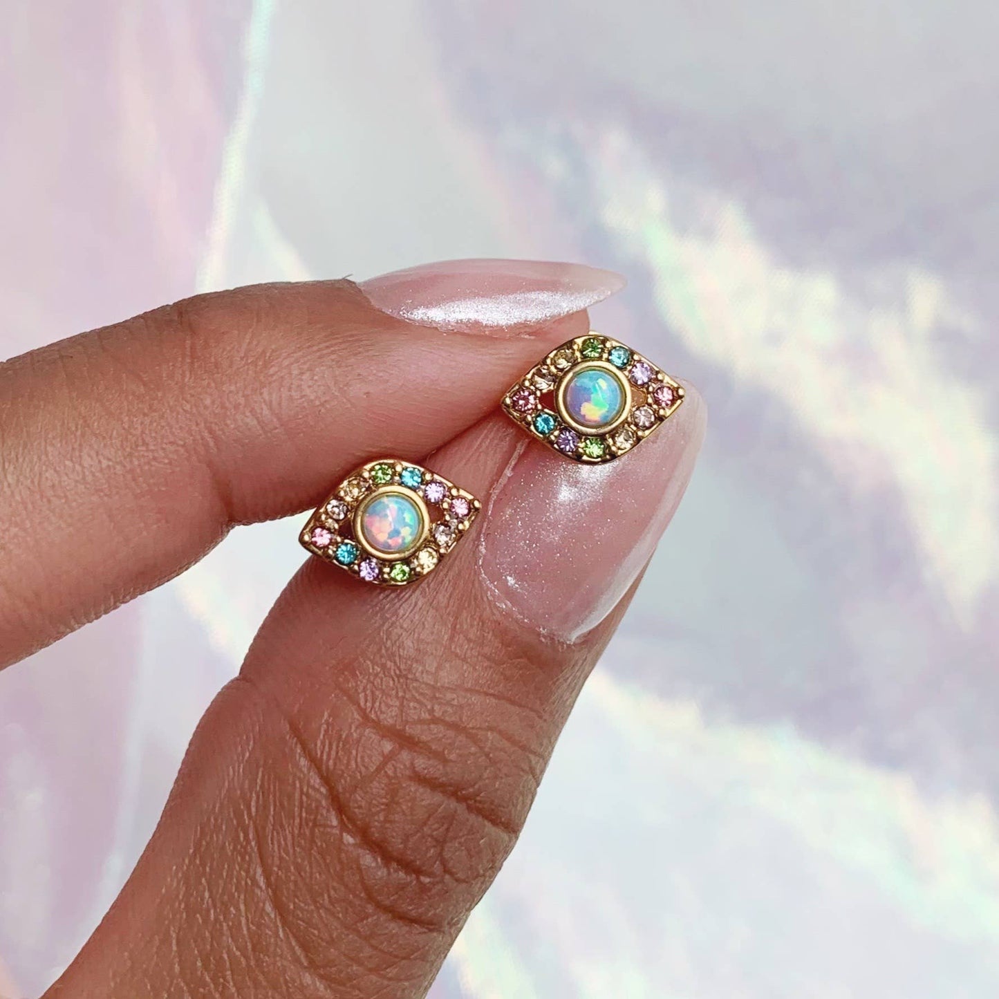 Evil Eye Stud Earrings, Opal & Pastel Pave