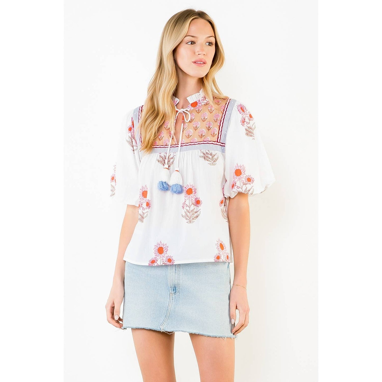 THML Puff Sleeve Floral Pattern Tassel Top