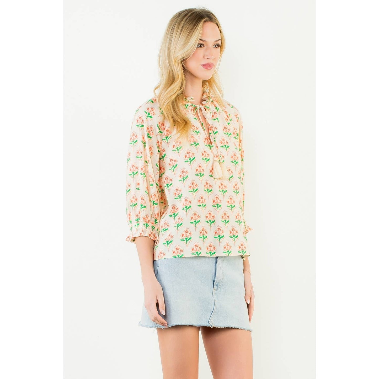 THML Long Sleeve Floral Pattern Tassel Top