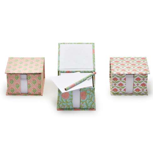Two's Company Floral Block Print Note Paper Caddy with Pencil