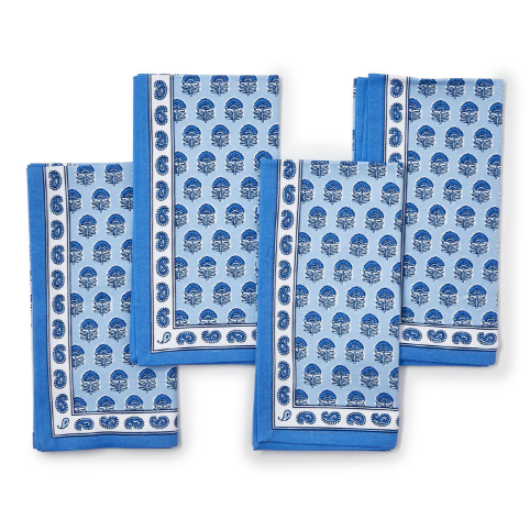 Two's Company Blue Block Print Set of 4 Cloth Napkins