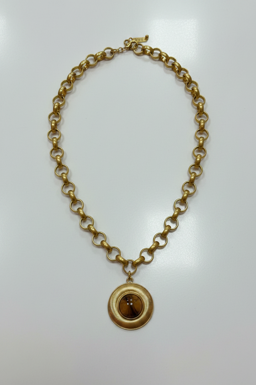 D+G Cats Eye with Antique Gold Disc Necklace
