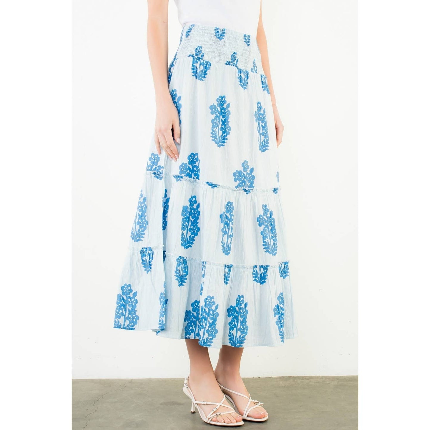THML Smocked Waist Floral Pattern Long Skirt