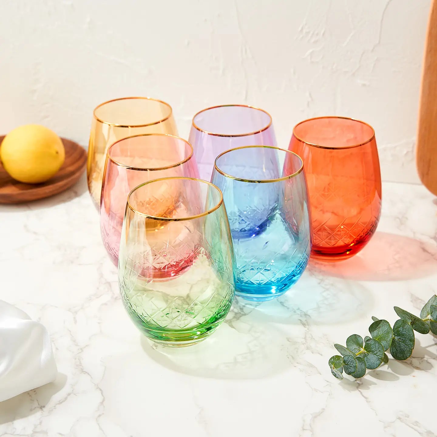 Art Deco Colored Crystal Stemless Wine Glass Set