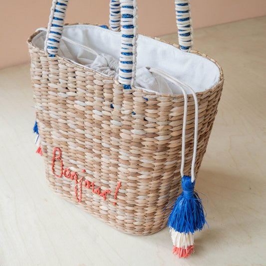 Mini Woven Tote Bag with Embroidered Bonjour – Handwoven Beach Tote | LIKHÂ