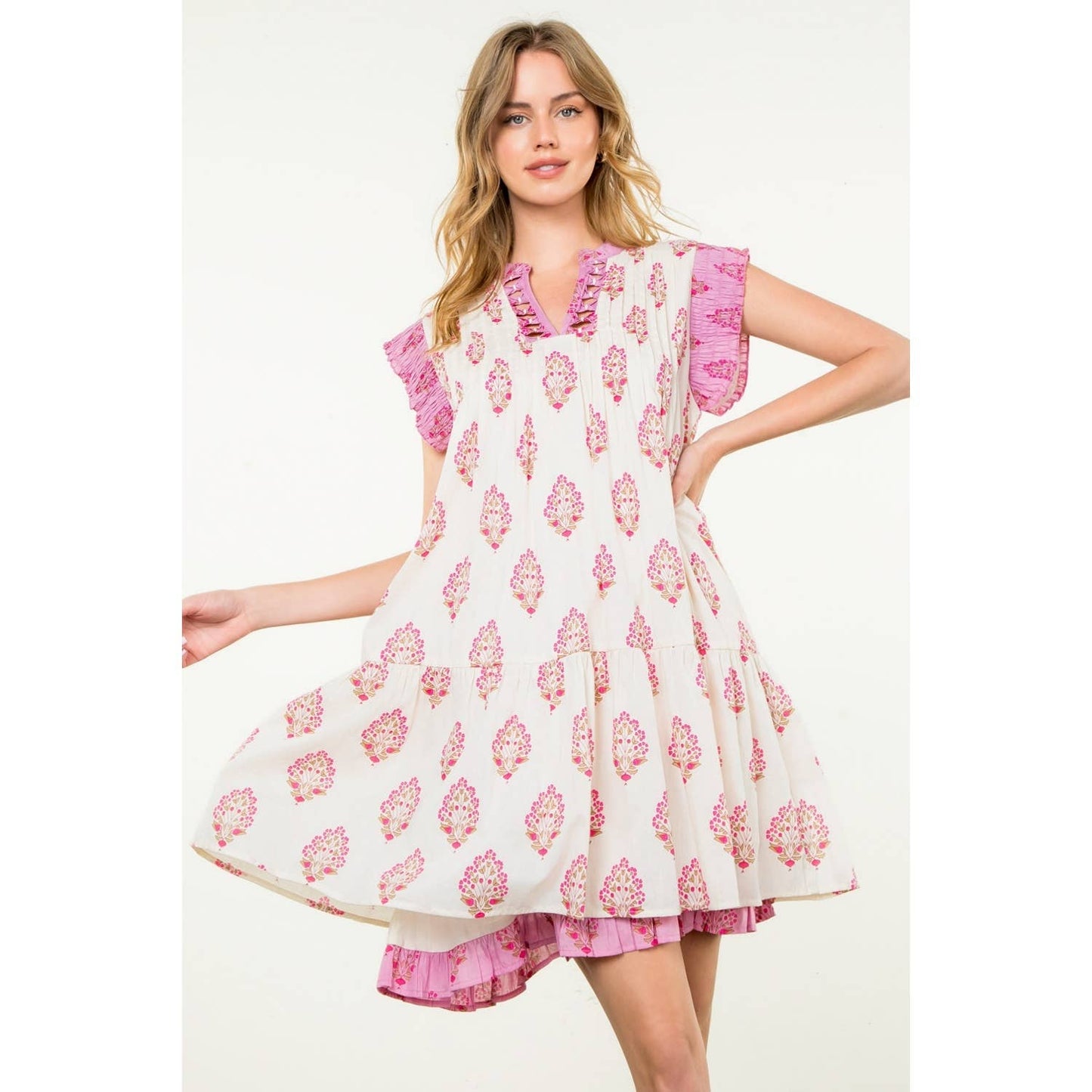 Sleeveless Pintuck Floral Print Dress