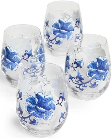 Chinoserie Hand Painted Stemless Wine Glass