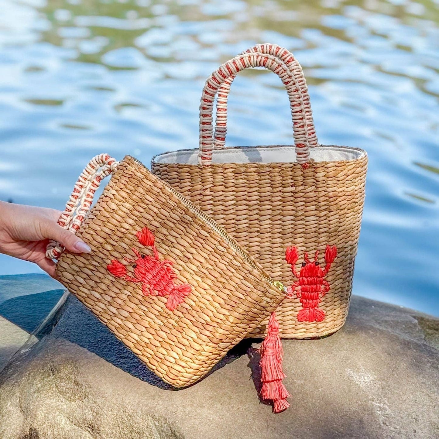 Mini Woven Tote Bag with Embroidered Lobster – Handwoven Tote | LIKHÂ