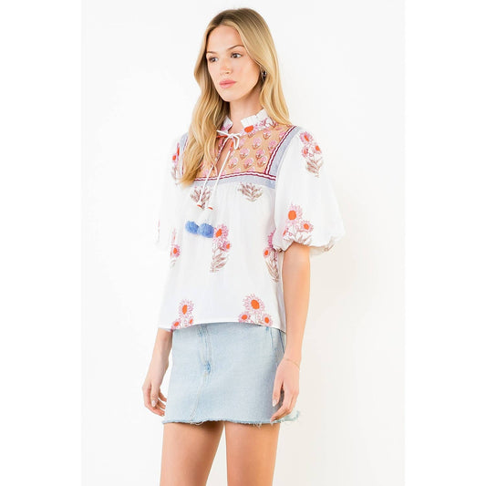 THML Puff Sleeve Floral Pattern Tassel Top