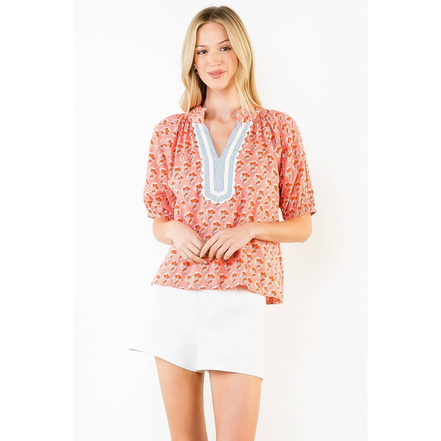 THML Short Sleeve Patterned V-Neck Top