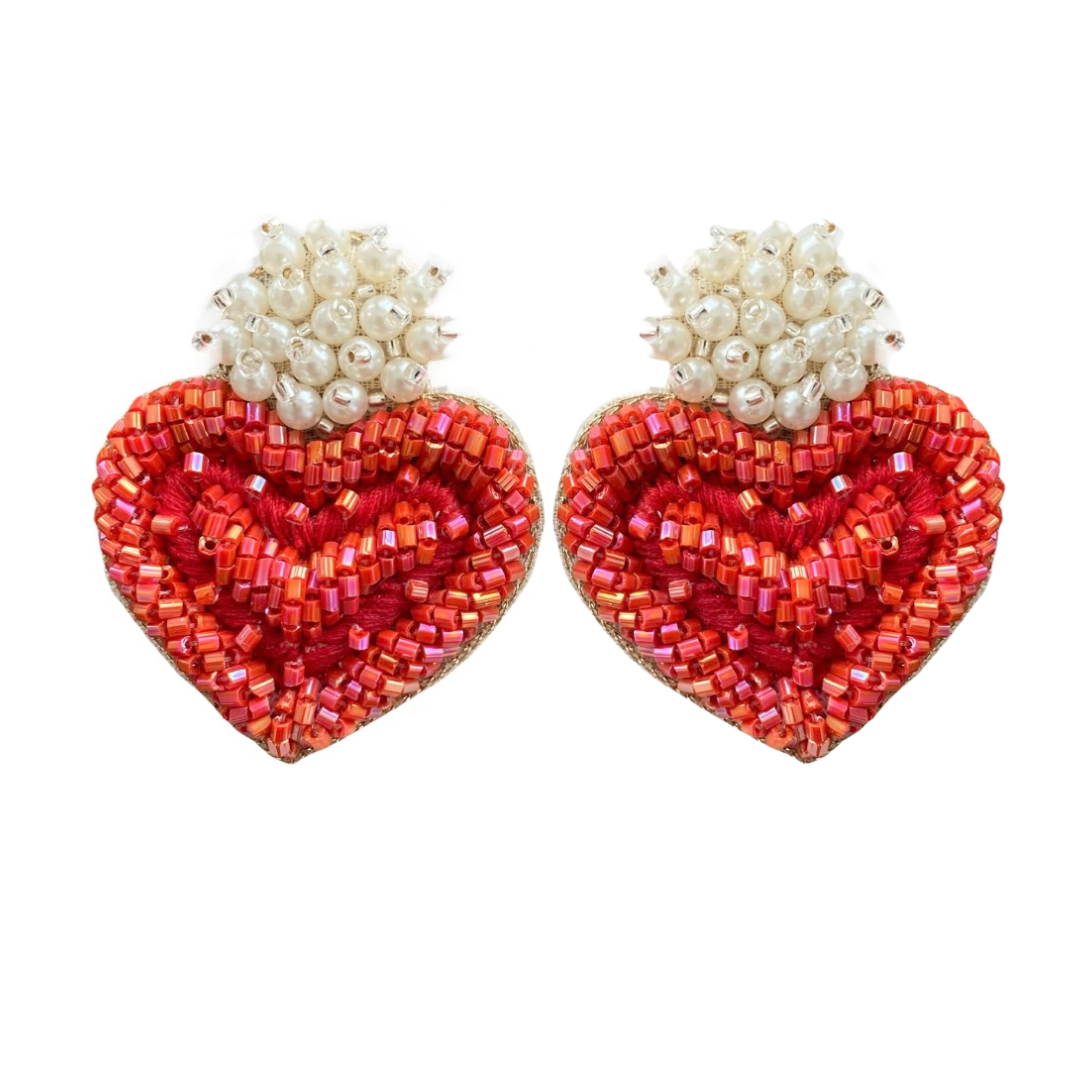 Red Heart Earrings with Pearl Clusters