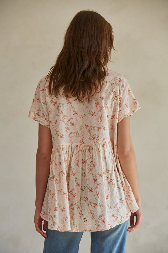Floral Print Plunged V-Neck Short Sleeve Top