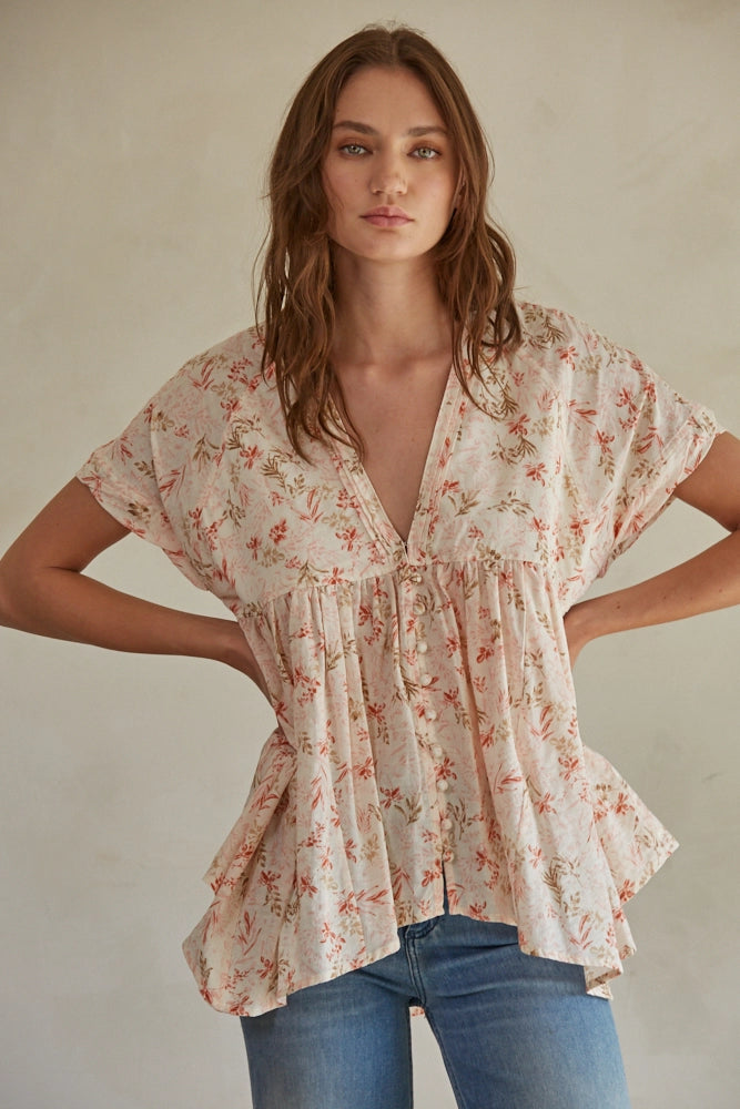 Floral Print Plunged V-Neck Short Sleeve Top