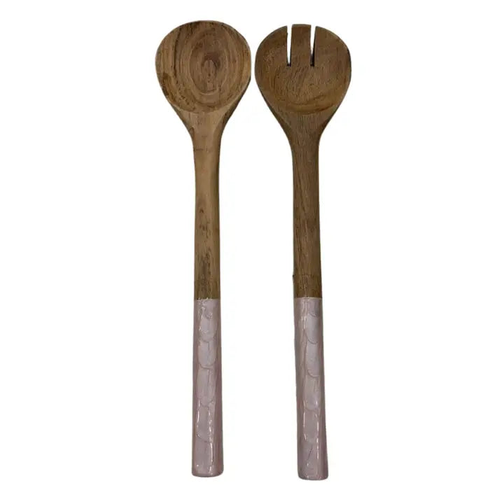 Textured Enamel & Wood Salad Server Set