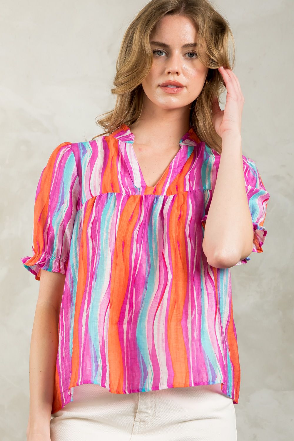 THML Stripe Print Short Sleeve Top