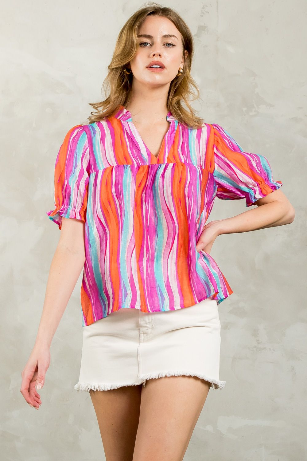 THML Stripe Print Short Sleeve Top