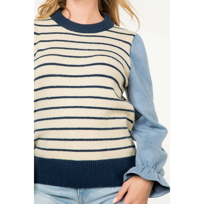 THML Stripe Suede Sleeve Sweater