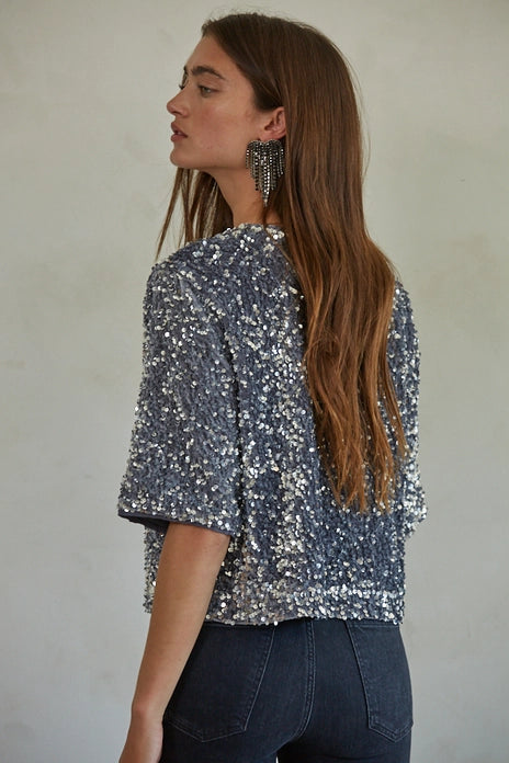 Sequin Velvet Round Neck Short Sleeve Top