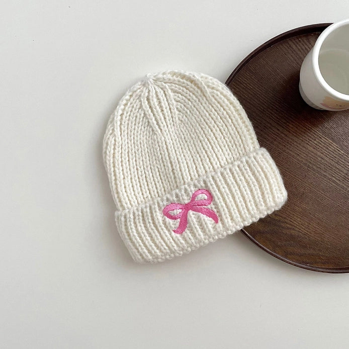 Kids Embroidered Bow Knitted Hat