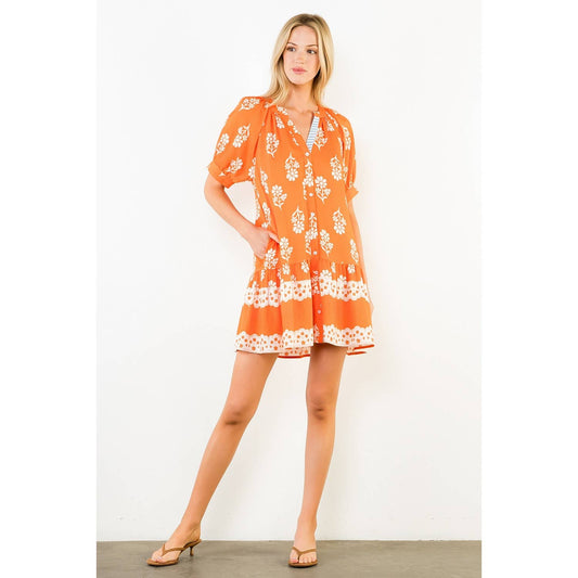 THML Short Sleeve Button Up Floral Pattern Dress