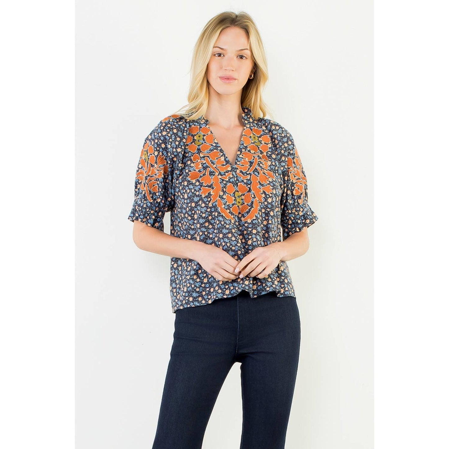 THML Floral Print Top With Embroidery