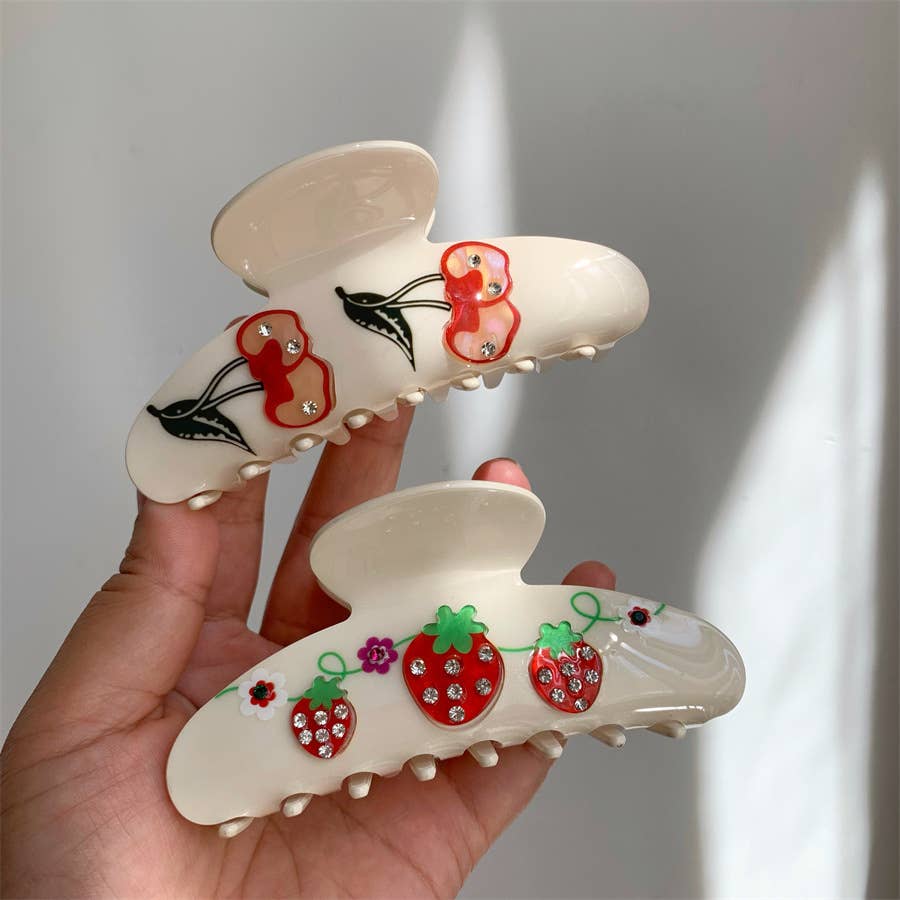 Strawberry & Cherry Design Rhinestone Fruit Hair Clips