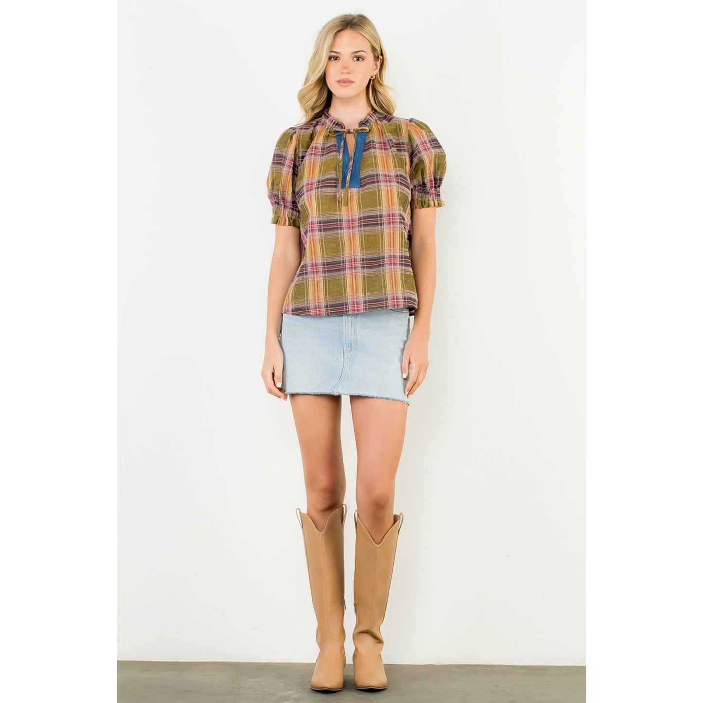THML Plaid Puff Sleeve Contrast Neck Top