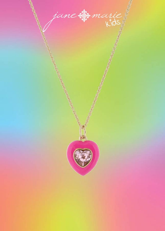 Kids Hot Pink Crystal Heart Necklace