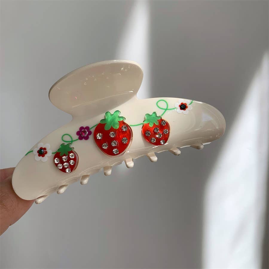 Strawberry & Cherry Design Rhinestone Fruit Hair Clips