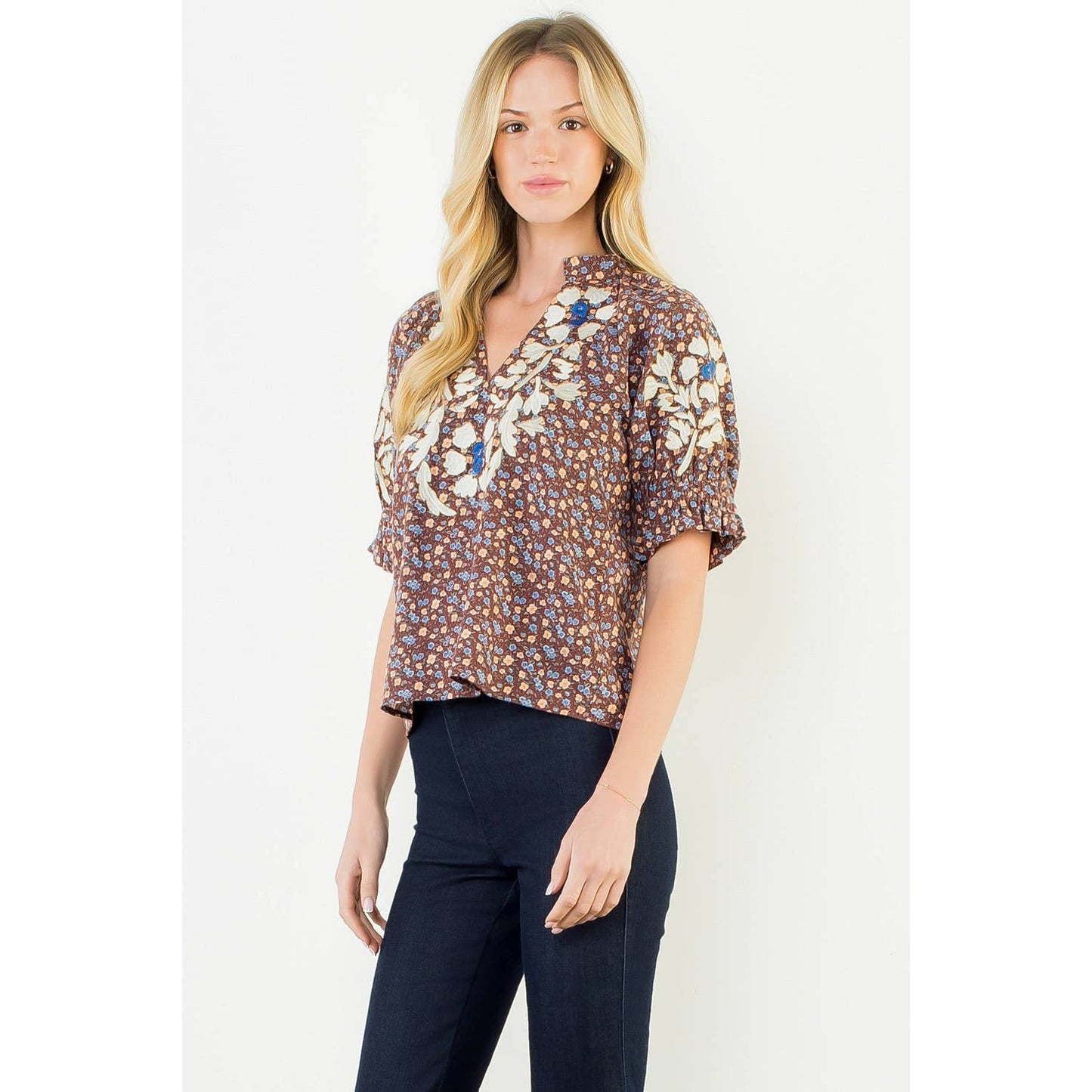 THML Floral Print Top With Embroidery