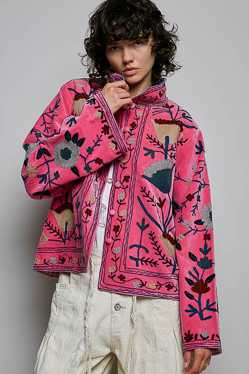 Embroidered Stand Collar & Contrast Trim Velvet Jacket