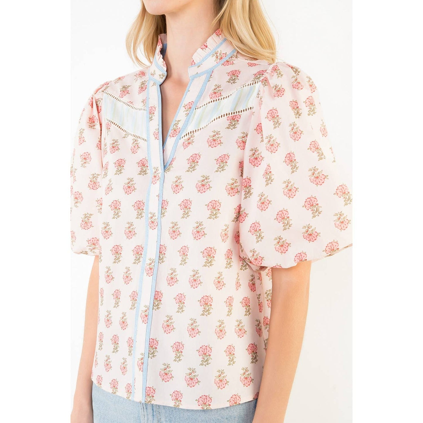THML Puff Sleeve Floral Detail V-Neck Top