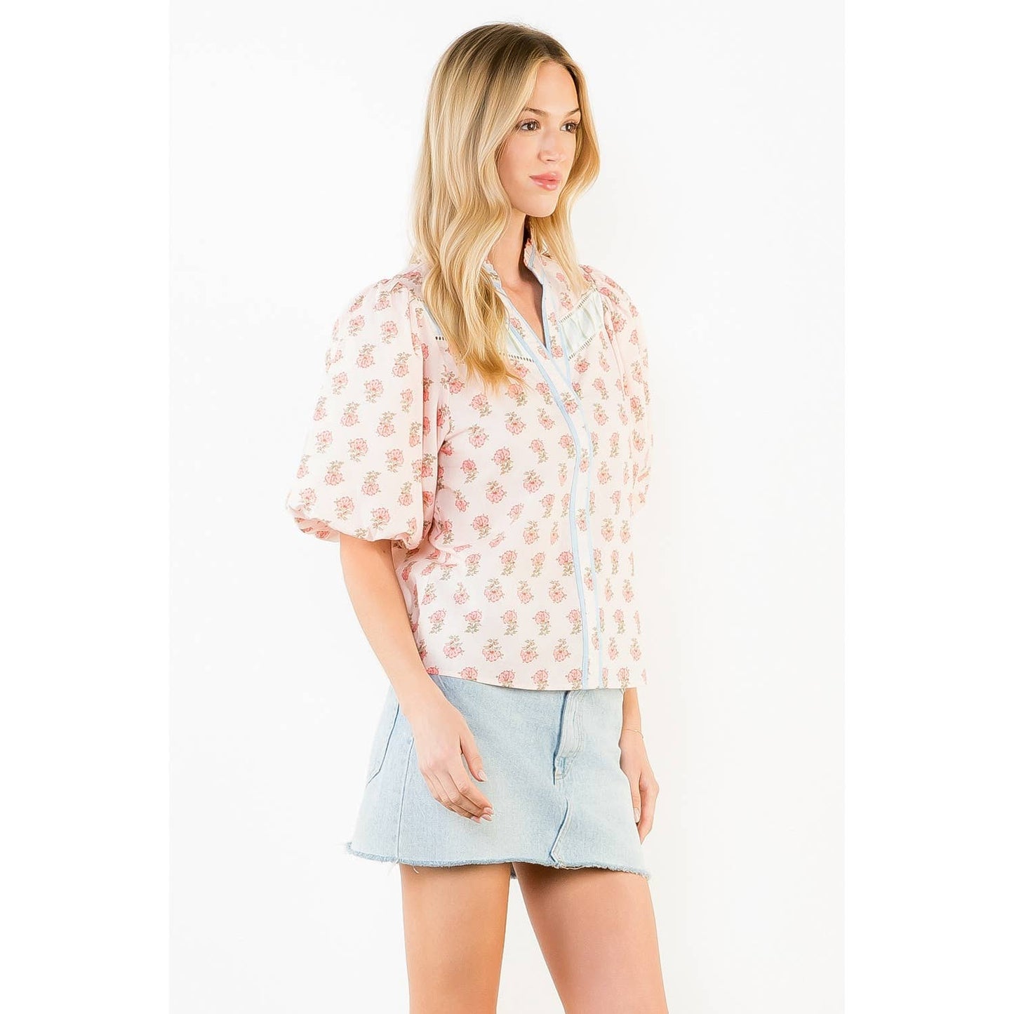 THML Puff Sleeve Floral Detail V-Neck Top