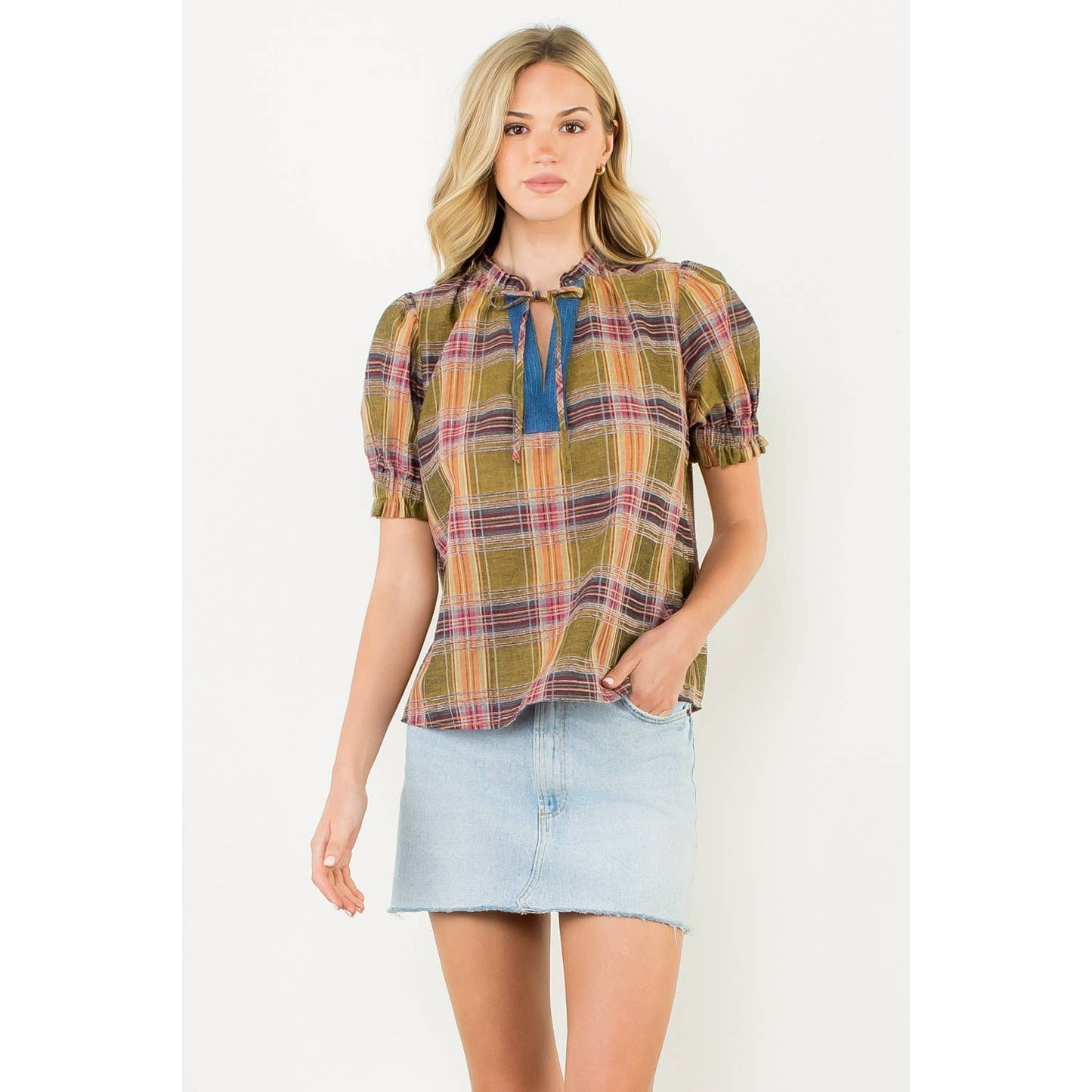 THML Plaid Puff Sleeve Contrast Neck Top