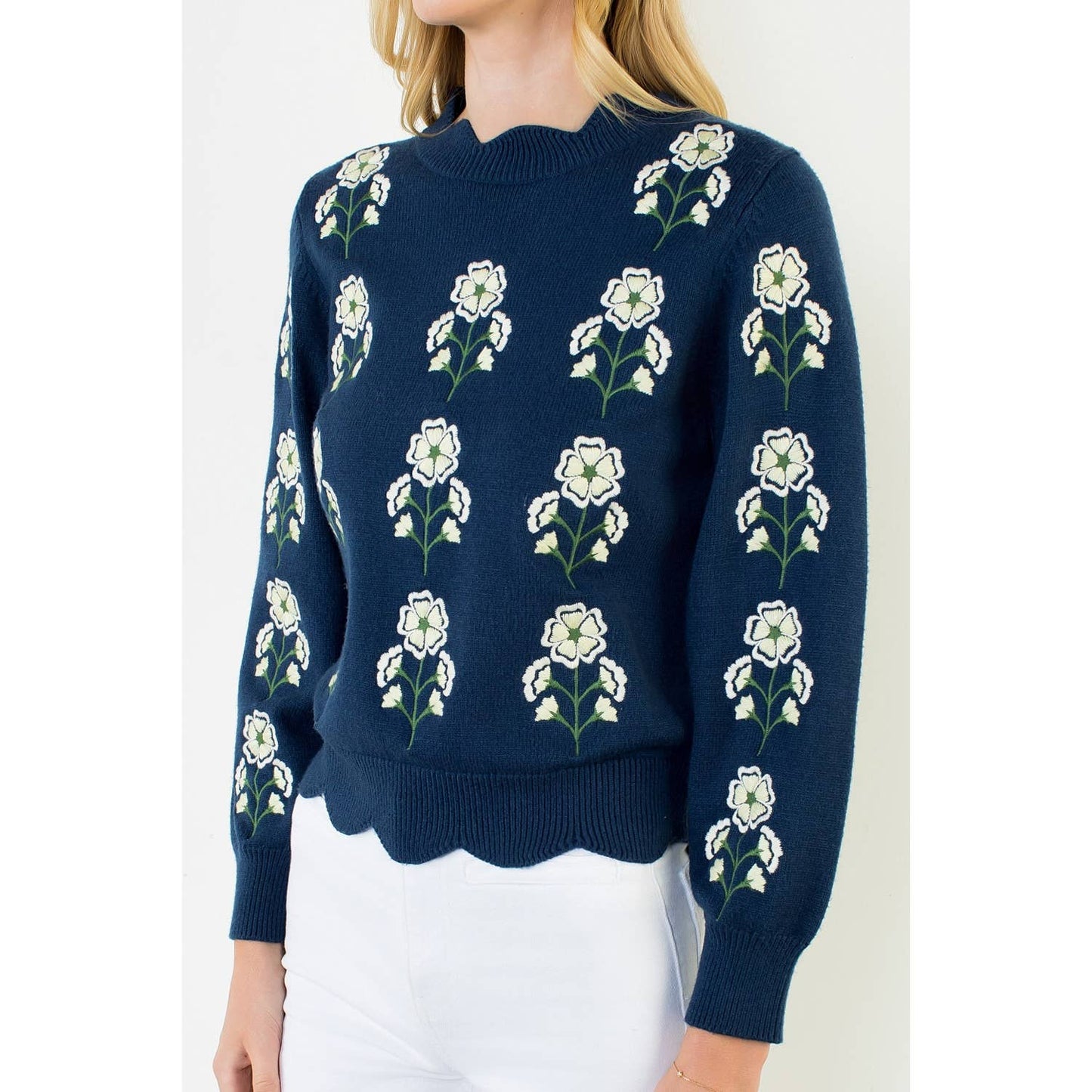 THML Embroidered Wavy Hem Sweater