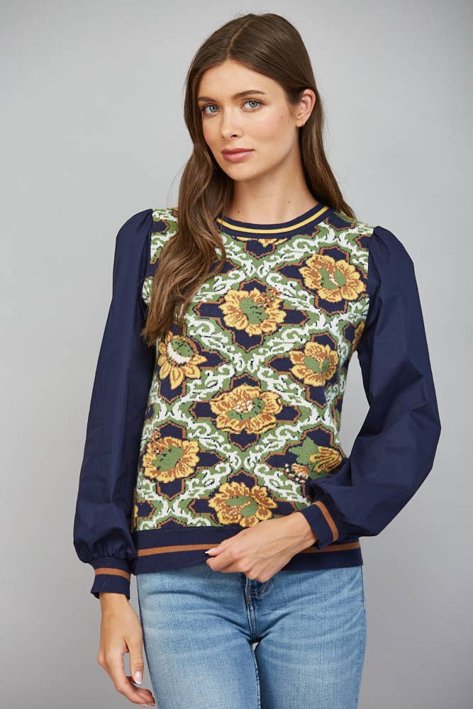Contrast Sleeve Crew Neck Sweater