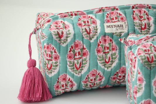 Turquoise floral quilted travel pouch