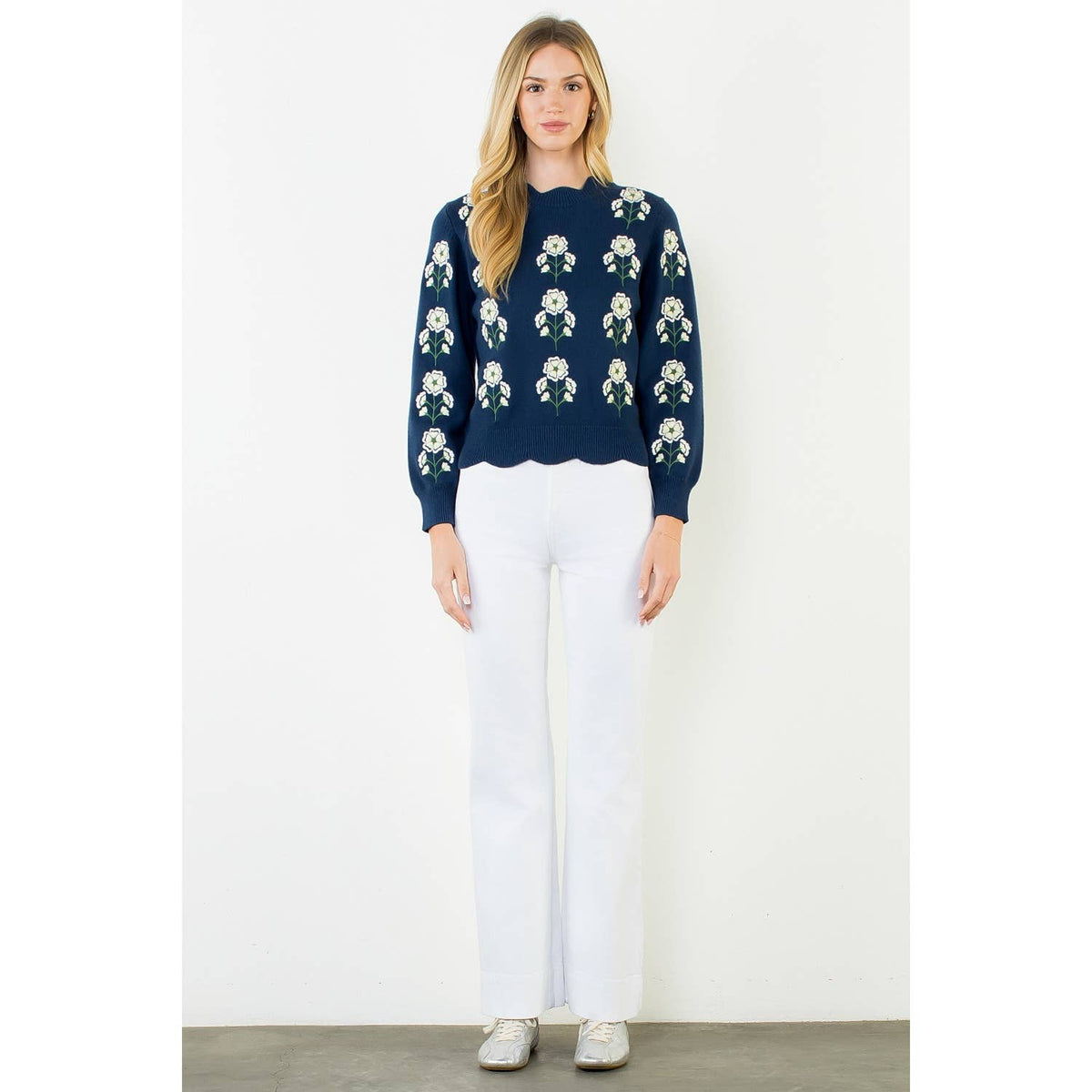 THML Embroidered Wavy Hem Sweater
