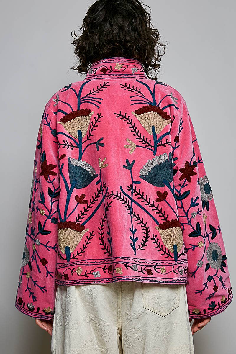 Embroidered Stand Collar & Contrast Trim Velvet Jacket