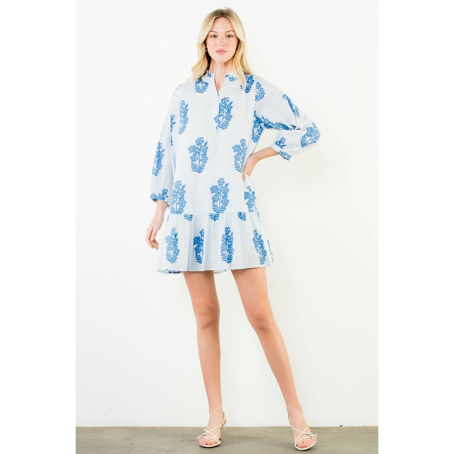 THML Long Sleeve Floral Pattern Tiered Dress