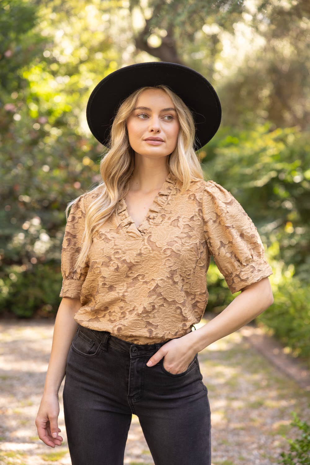 Floral Burn Out Ruffled V-Neck Top