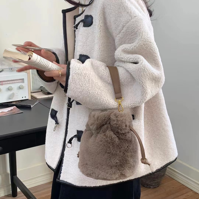 Faux Fur Drawstring Bucket Crossbody Bag