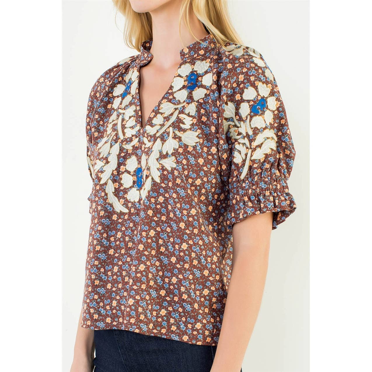 THML Floral Print Top With Embroidery