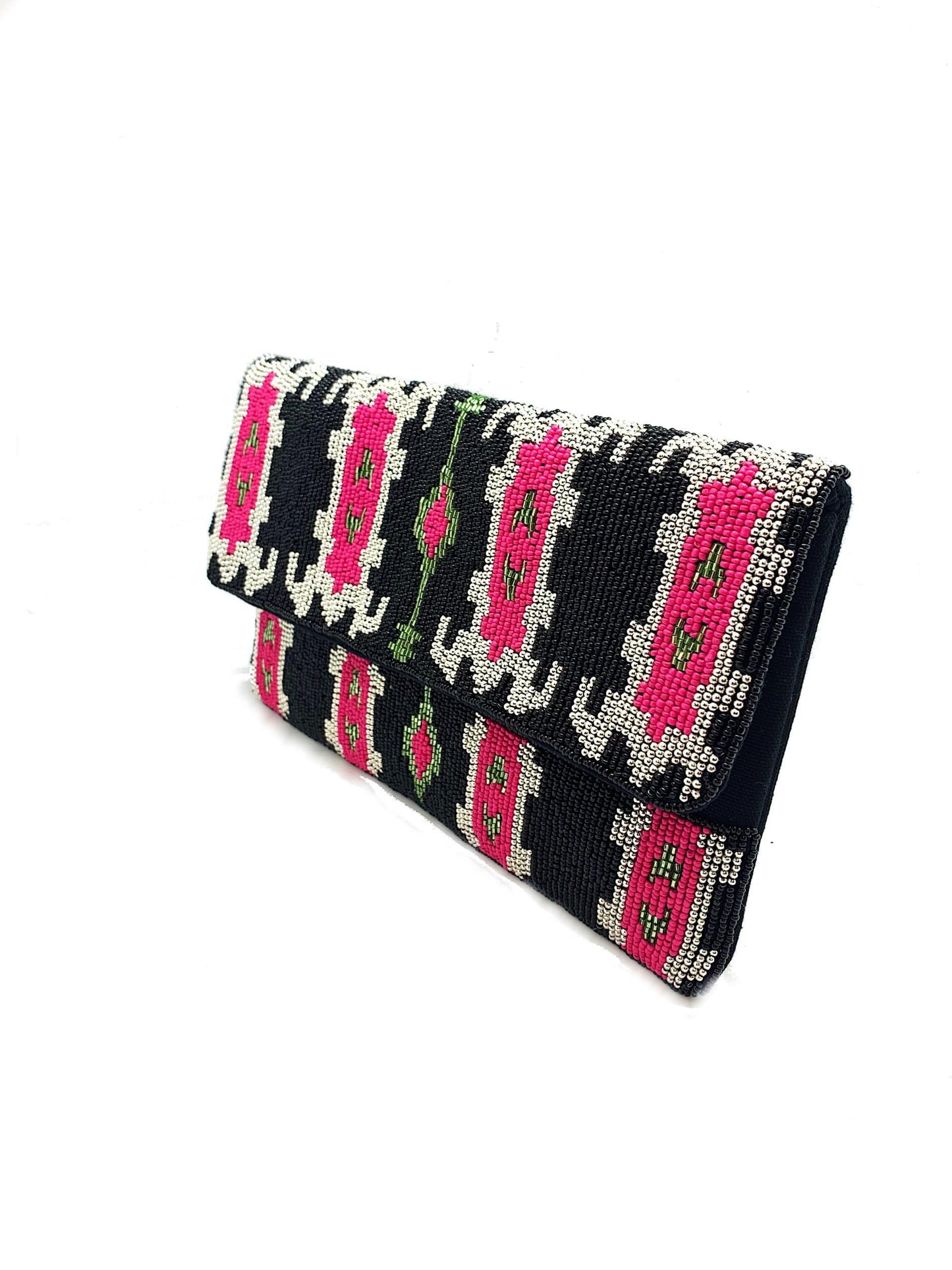 BLACK & FUCHSIA IKAT BEADED CLUTCH